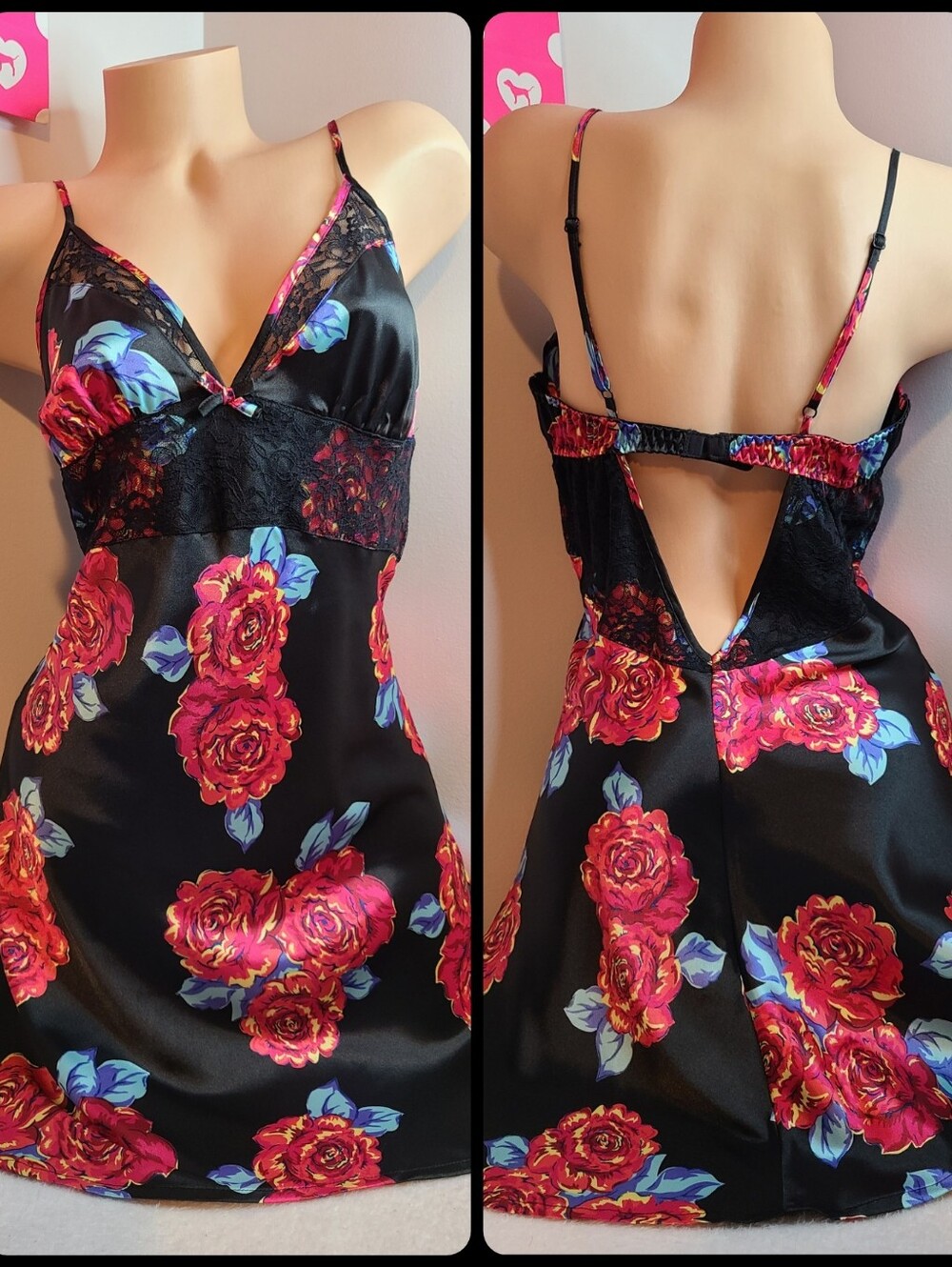 VTG VS Sexy Little Things Black Floral Satin Babydoll Chemise Size Lg
